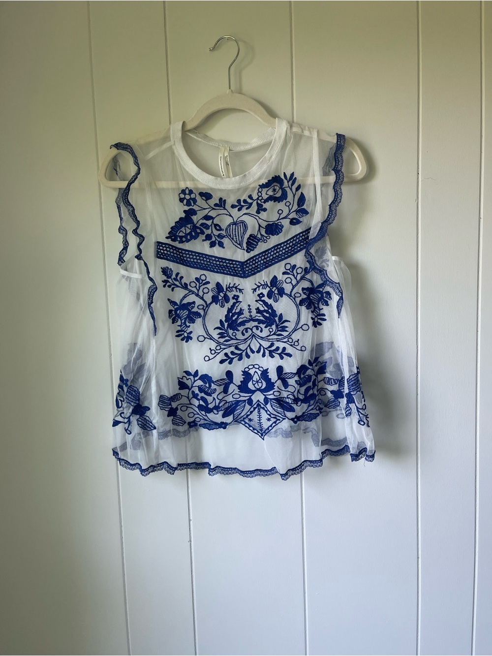 Anthropologie White Sheer Top with Blue Embroidery